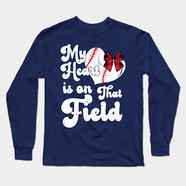 funny My Heart is on That Field softball baseball mom dad Leopard Long Sleeve T-Shirt by Gaming champion